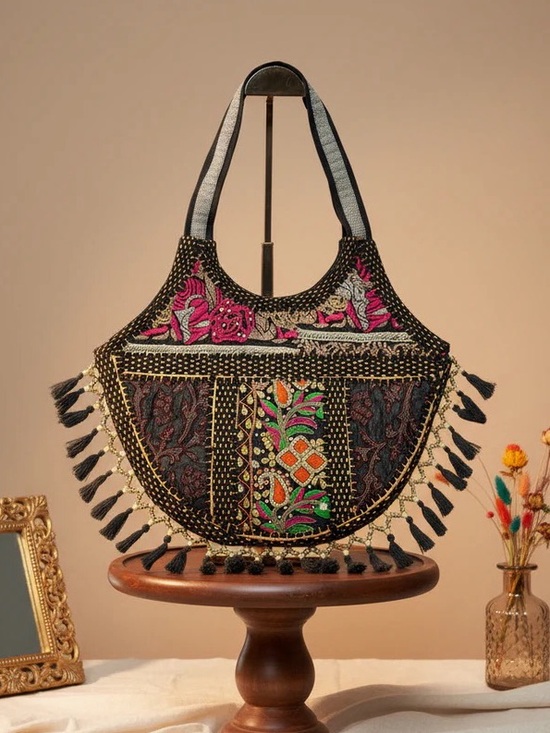 Mandalay and Company Handbags - Handcrafted Embroidery Beaded Banjara Boho Shoulder Bag Black & Pink